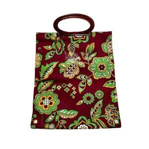Floral Expandable Handbag 1960s Ladys Pride Red Green Union Made Plastic Handles
